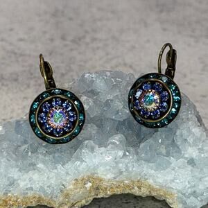 Liz Palacios Antique Brass Lever Back Pierced Earrings rhinestone blue teal